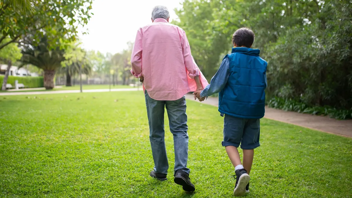 Grandfather and grandson seen from behind, walking hand in hand across a sunny green park lawn