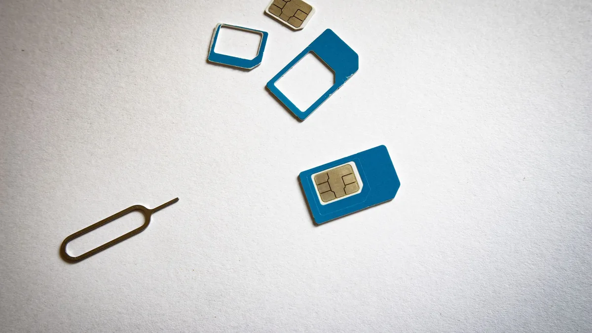 Blue SIM cards in several sizes and a SIM ejector pin laid out on a plain white surface