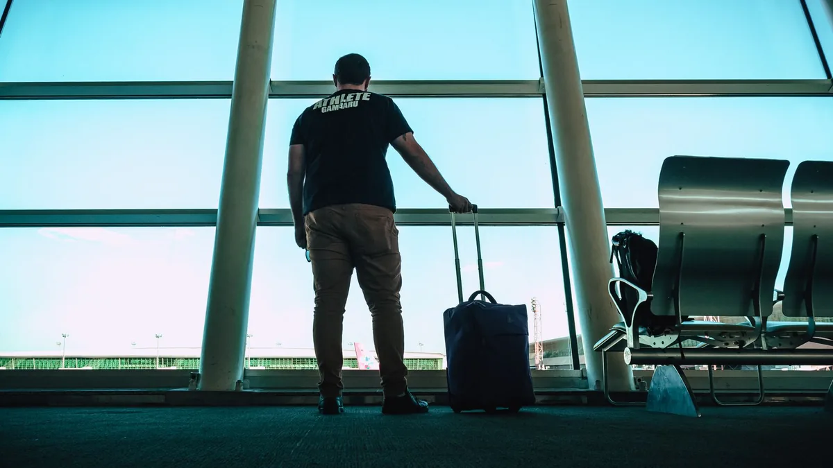 A lone traveller with a wheeled suitcase stands at a tall airport terminal window, seen from behind in silhouette
