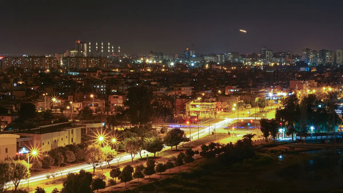 City at night seen from a height, with a streetlit road lined with trees and apartment towers glowing on the skyline