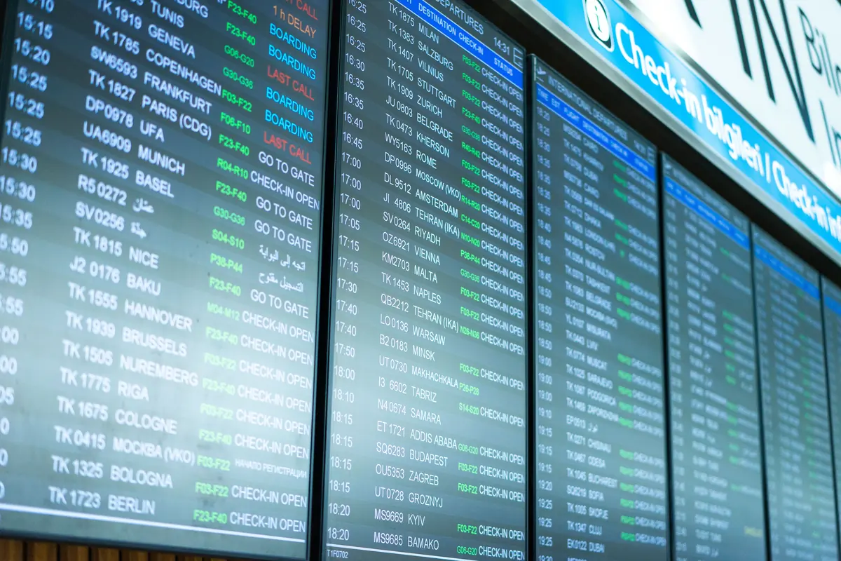 Airport flight information Rows of flights displayed on airport information screens