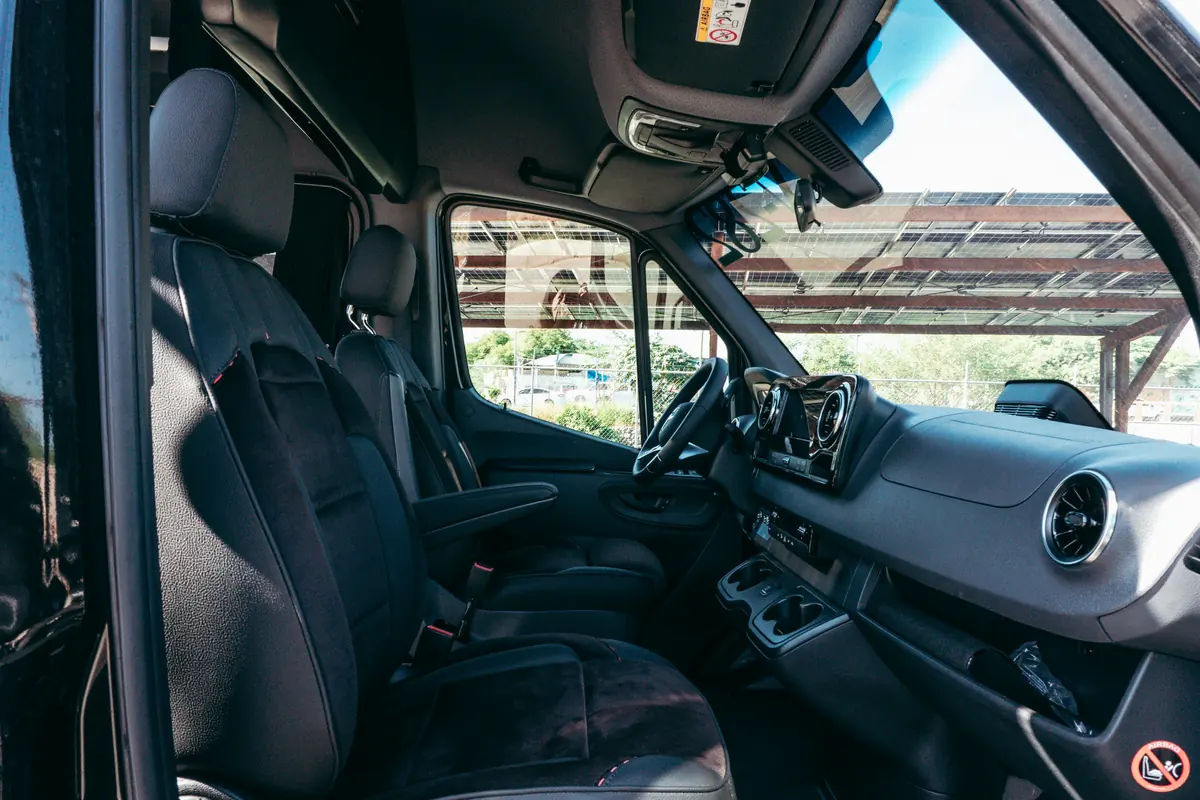 Front seats and dashboard of a passenger van